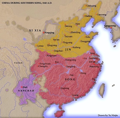 Map of the Song dynasty after the Jin conquest, the Jin is in control of northern China and the Song is in control of southern China