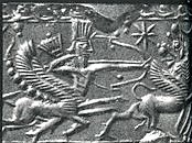 20 - artifact example of Marduk as animal god Pegasus battling unidentified cousin animal god; another god in sky-disc above