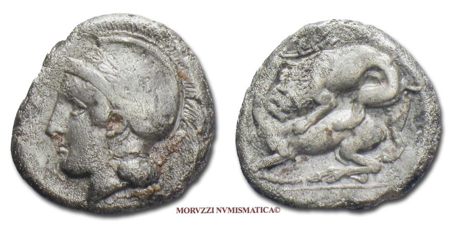 Ancient Coins - Lucania Velia Silver Didrachm IV-III century BC Athena / Lion attacks a gazelle 30/70 RARE (R) ancient Greek coin for sale