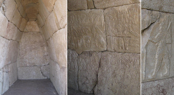 G:\pix\-1200 Guney Kale (southern castle) Chamber II (left) view of the back wall; (centre) hieroglyphs on the right wall; (right) King Shupiluliuma II on the left wall Hattus12.jpg