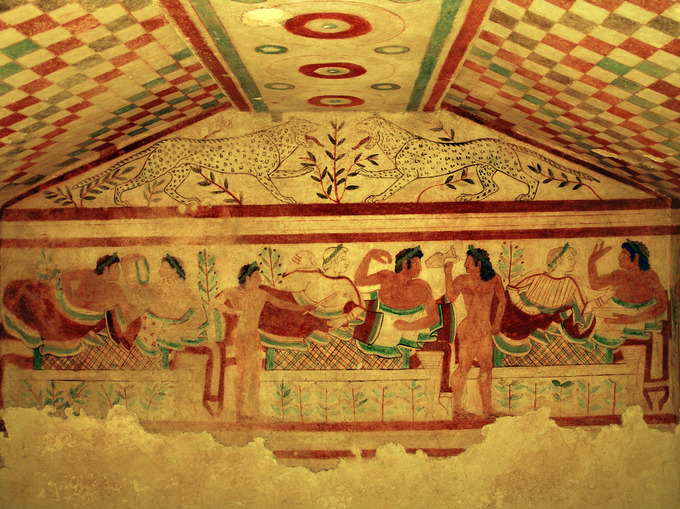 G:\pix\-470 The Banqueting Scene A fresco on the interior back wall of the Tomb of the Leopards, c. 480–470 BCE..jpeg