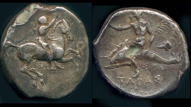 G:\pix\projects\iranzamin\achaemedian\سکه\-330 Taras AE Fouree stater (Ex Vlasto) 334-330BC. Boy on horse prancing right Taras on dolphin left,helmet in right field.jpg