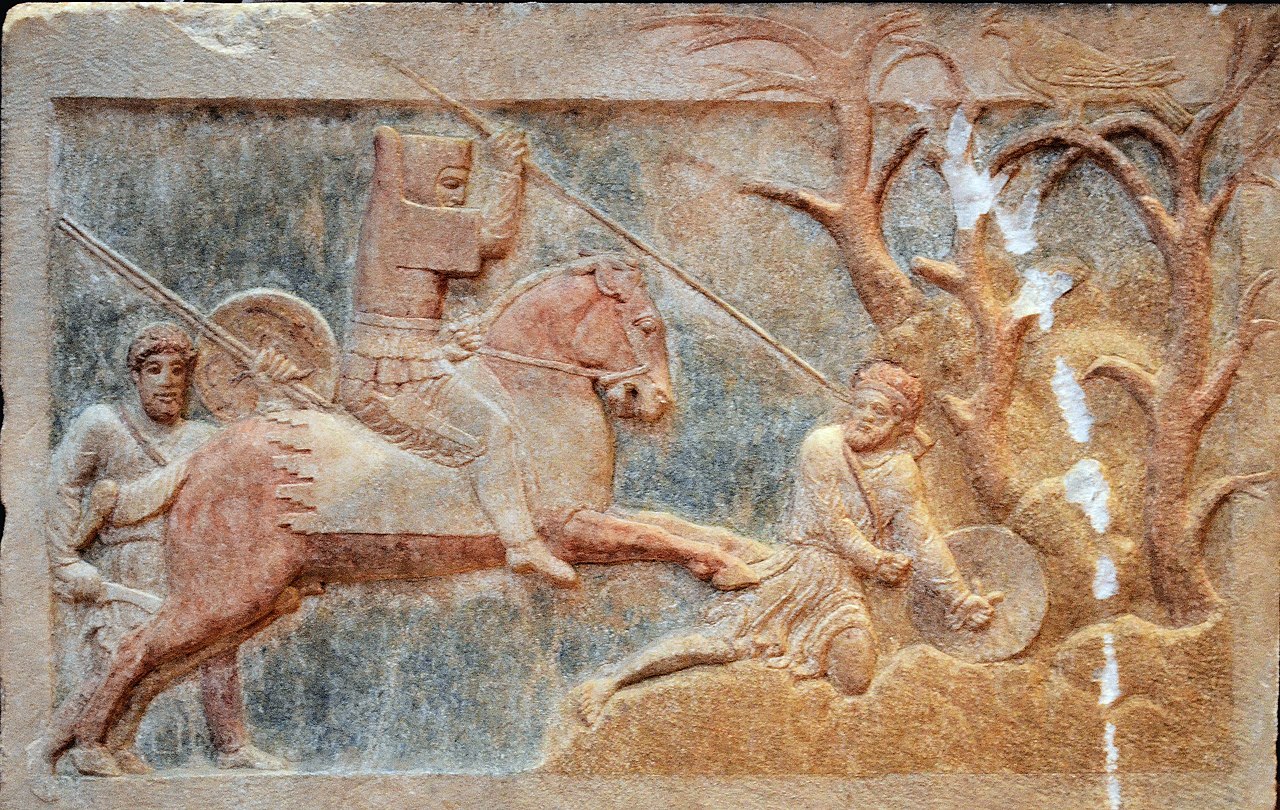 G:\pix\projects\iranzamin\achaemedian\-390 Achaemenid Dynast of Hellespontine Phrygia attacking a Greek psiloi, Altıkulaç Sarcophagus.jpg