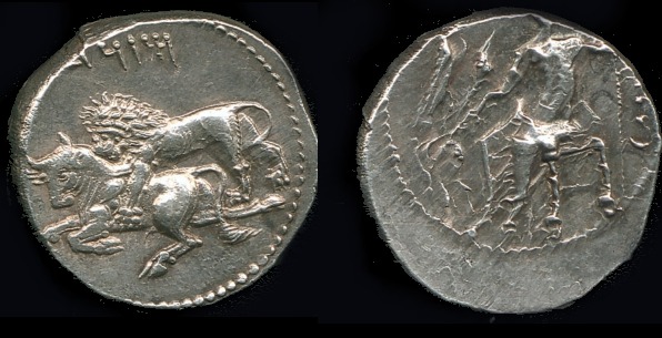 G:\pix\projects\iranzamin\achaemedian\سکه\-400 Tarsos AR Stater. Lion attacking bull, aramaic legend aboveBaal seated to left.jpg