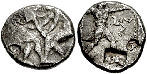 G:\pix\projects\iranzamin\achaemedian\سکه\-420 Aspendos Circa 420-410 BC. AR Stater (22mm, 10.84 gm). Two wrestlers grappling c m's tetraskeles in incuse circle, turtle Slinger to right.jpg