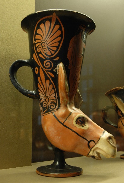 G:\pix\projects\iranzamin\achaemedian\جام\-440 rhyton in the shape of a donkey's head representing Dionysos and a maenad. From Athens.jpg