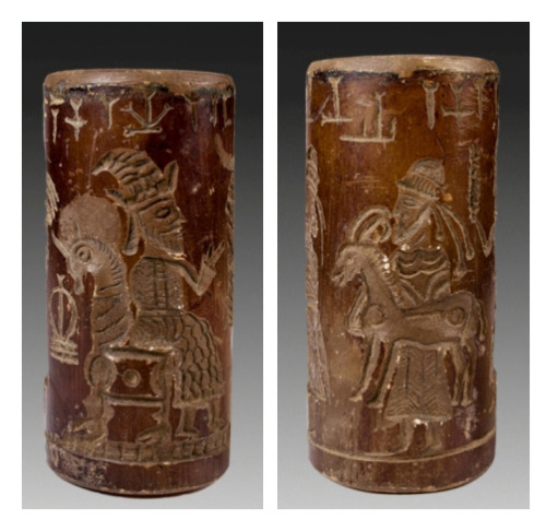 G:\pix\projects\iranzamin\achaemedian\-500 Brown agate cylinder seal with carved, elaborately dressed male figures paying homage to a king seated on a throne,.jpg