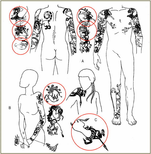 Horse tattoos on three Pazyryk bodies (after Vitebsky, 2005, p. 10). (A) Man from Pazyryk 2; (B) Woman from Ak-Alakha 3-1; (C) Man from Verh-Kaldzhin 2-1. 