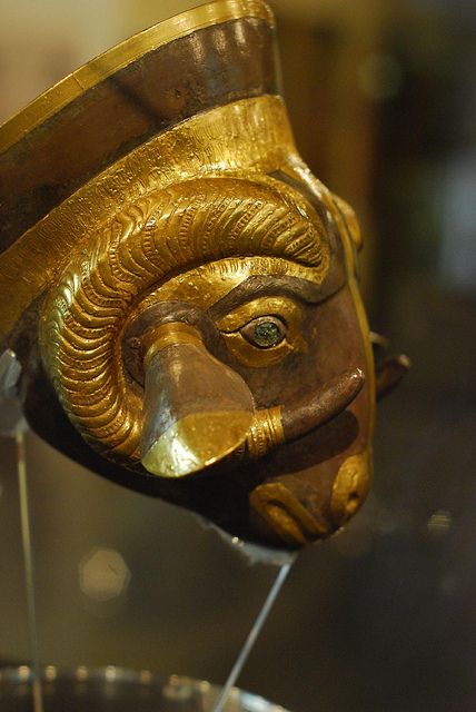 Rams Head, Detail - Thracian treasure. Big, wide, and deep gold vessels were used to dilute and mix wine. In some rituals, the three sacred liquids might be mixed - wine, honey, and milk. Photo by D.S. Lewis at the "Thrace and the Ancient World" exhibition in June 2011, at the National History Museum, Sofia, Bulgaria