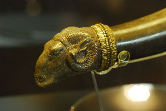 Rhyton, Detail of Ram's head. "Thrace and the Ancient World" Exhibition at National History Museum, Sofia, Bulgaria, June 2011