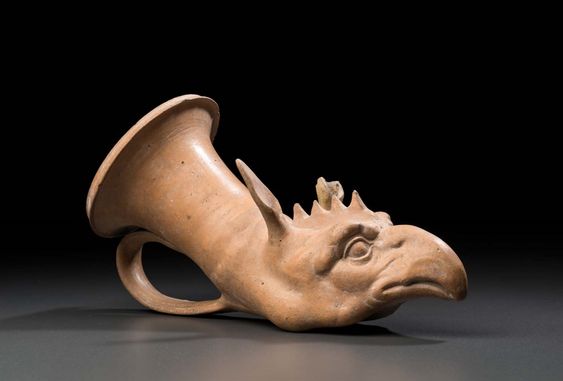 Rhyton, Greek, South Italian, Late Classical Period, about 350–325 BC - Museum of Fine Arts, Boston. (Lower part in form of griffin’s head;. The lip has an ovolo molding, but no painted patternwork. griffin-head rhyta were more often decorated in red-figure.)