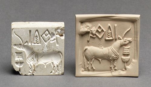 Stamp seal and a modern impression: unicorn or bull and inscription, Mature Harappan period, ca. 2600â1900 B.C. Indus Valley Burnt steatite