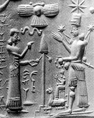 Sumerian seal- note his large right hand, three stars, wavy snake, palm