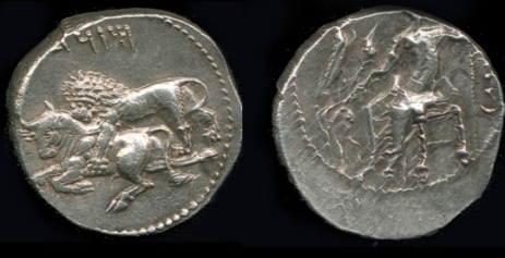 Tarsos AR Stater. Lion attacking bull, aramaic legend aboveBaal seated to left.jpg