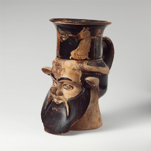 Terracotta mug in the form of a satyr’s head, Greek, Classical, 460 B.C., Attributed to the Carlsruhe Painter; Attributed to the Manchester Class of Head Vases