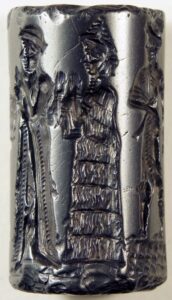 Cylinder Seal, hematite,in which the king makes an animal offering to Shamash.Sippar was was the fourth of the five cities to "exercise kingship" in the legendary antediluvian era.In the Sumerian king list a king of Sippar, En-men-dur-ana, is listed as one of the early pre-dynastic rulers of the region.