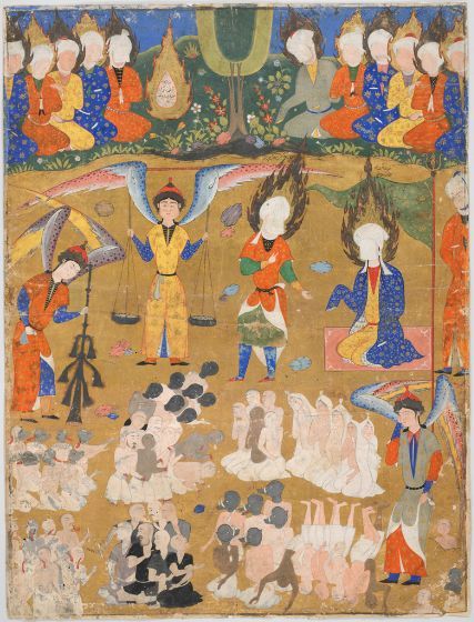 Day of Judgment, folio from a manuscript of the Falnama (Book of Omens) of Ja far al-Sadiq Persian, 16th century Safavid period Creation Place: Tabriz, Iran Opaque watercolor and gold on paper sight: 58.5 x 43.7 cm (23 1/16 x 17 3/16 in.) Harvard Art Museums