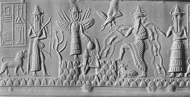 G:\pix\projects\iranzamin\3000-1200\Akkadian Cylinder Seal of Adda (c. 2250 B.C.) with, left to right, Ninurta, Ishtar, Shamash, and Ea. From Dury, Art of the Ancient Near and Middle East, Abrams, NY..jpg