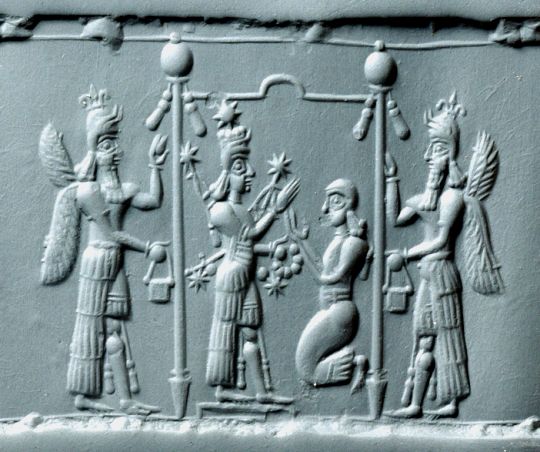 Neo-Assyrian Pink Chalcedony Cylinder Seal, 8th-7th Century BCOn this cylinder seal the war goddess Ishtar stands on a platform within a canopied enclosure. Ishtar is identified by crossed quivers, an...