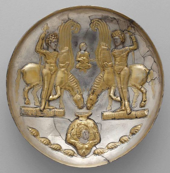 Plate with youths and winged horses Period: Sasanian Date: ca. 5thâ6th century A.D. Geography: Iran Culture: Sasanian Medium: Silver, mercury gilding Dimensions: H. 5.2 x Diam. 21 cm, 572g (2 1/16 x 8 1/4 in.)