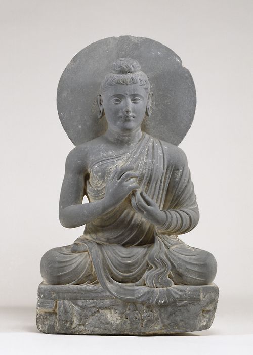 Seated Buddha in the Attitude of Preaching, by Gandharan. 2nd century (Kushan), made of phyllite.    Courtesy & currently located at the Walters Art Museum, USA:        The Buddhaâs hand gesture, or mudra, is called dharma-chakra. It reveals the Buddha to be preaching a sermon in which he explains the four Noble Truths of human existence and the path to enlightenment. Many sculptures of this type were created in the Gandharan region of present-day Pakistan. This region had fallen under the contr