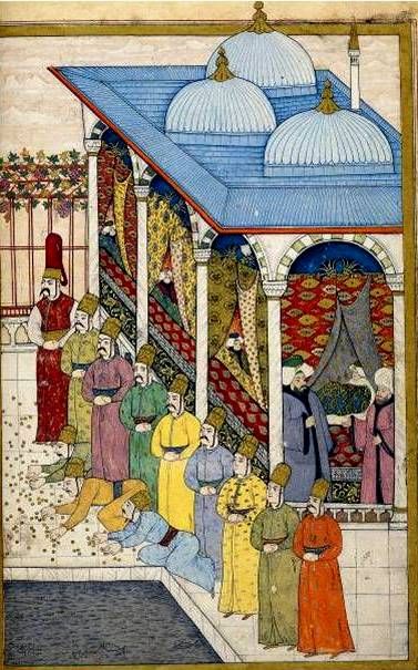 Sultan Ahmed III scattering golden coins on the terrace of the Fourth Court in the Topkapi Palace-Surname-i Vehbi-1720