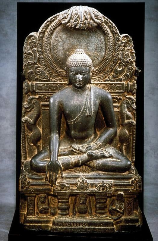 The Buddha triumphing over Mara Place of Origin: India, probably Kurkihar, Bihar state Date: 900-1000 Materials: Basalt Style or Ware: Pala Dimensions: H. 33 in x W. 17 1/2 in x D. 9 1/2 in, H. 83.8 cm x W. 44.5 cm x D. 24.13 cm