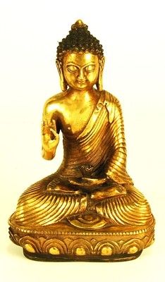 This statue features the Tibetan style Buddha sitting on a Lotus base, holding an alms bowl in his left hand, representing charitable compassion, and making the Prithvi mudra or "Gesture of the Earth" with his right hand, which is said to increase the earth element within the body .