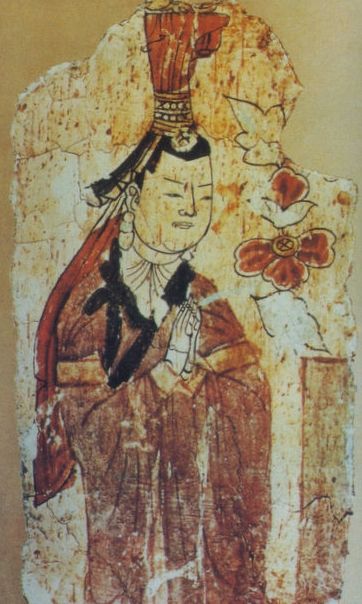 Uighur woman from Bezeklik murals - Professor James A. Millward described the original Uyghurs as physically Mongoloid, giving as an example the images in Bezeklik at temple 9 of the Uyghur patrons, until they began to mix with the Tarim Basin's original Indo-European Tocharian inhabitants.[8] Buddhist Uyghurs created the Bezeklik murals.[9] However, Peter B. Golden writes that the Uyghurs not only adopted the writing system and religious faiths of the Indo-European Sogdians, such as Manichaeism