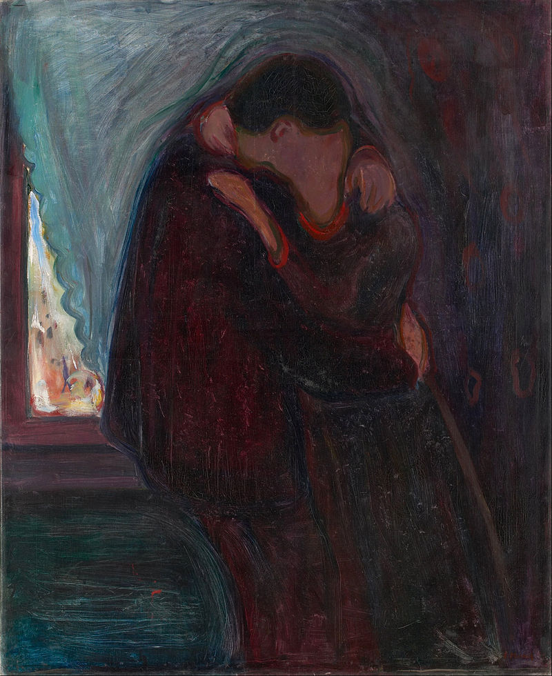 A depiction of two people kissing