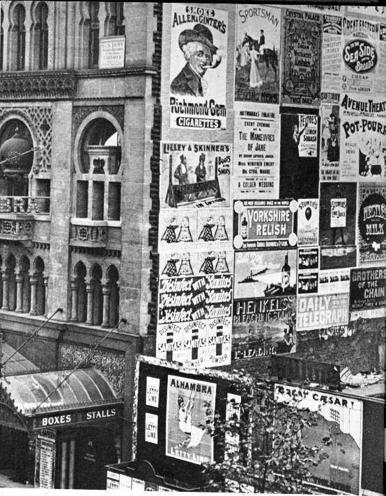 G:\pix\projects\west\sorted\1899 The collection of posters on the side of the Alhambra Theatre in Leicester Square, London. (1899).jpg