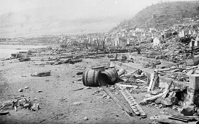 view of the shoreline at St. Pierre after the 1902 eruption, which killed 30,000 people. Credit: Tempest Anderson Photographic Archive at York Museums Trust.